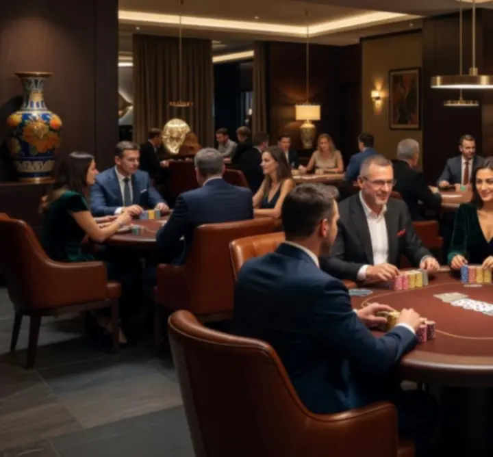 Professzionális poker asztalokkal berendezett lounge tér
