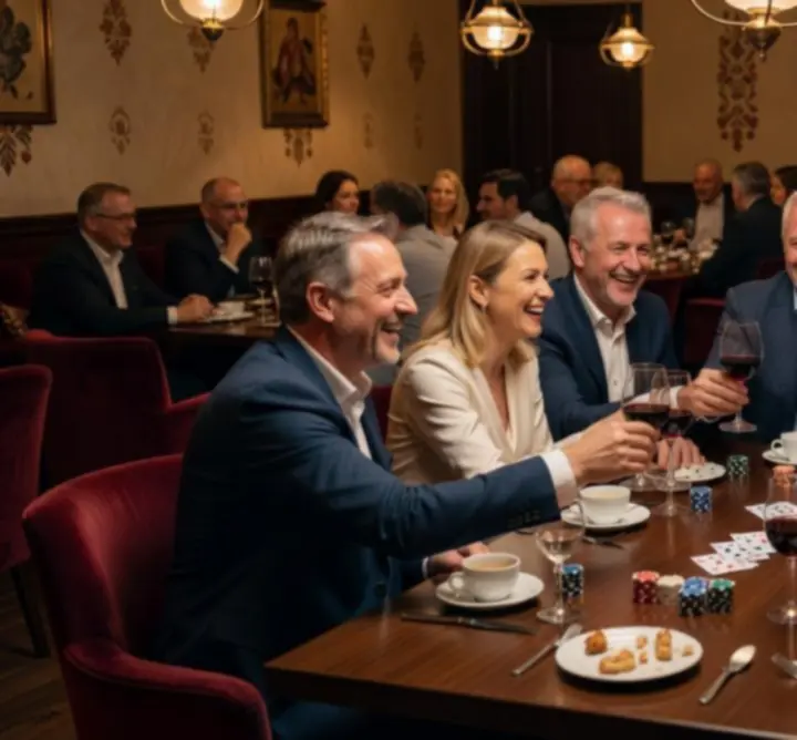 Vendégek elégedett hangulatban egy pókeres eseményen